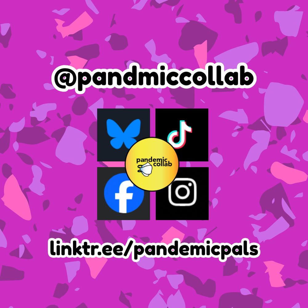 3- Pink and purple confetti shapes background and bold black text with white outlines, "@pandemiccollab linktr.ee/pandemicpals"