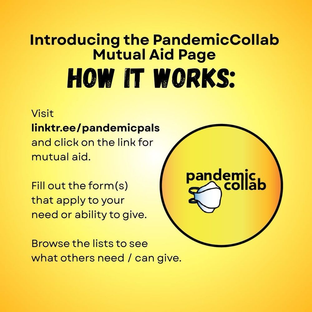ALT TEXT
3 slides with yellow backgrounds and bold black text. Slide 1 title is “Announcement”, slide 2 title is, “How it Works”, and slide 3 title is, “Mutual Aid Disclaimers”. The yellow circle pandemic collab logo is on each slide, with a graphic drawing of an N95 mask and pandemic collab in black bold text.