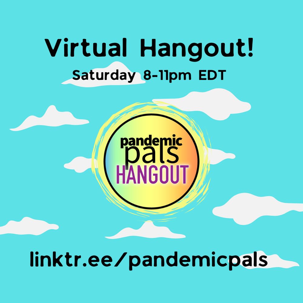 1- cyan background with white clouds and the yellow circle pandemic pals logo in the center.