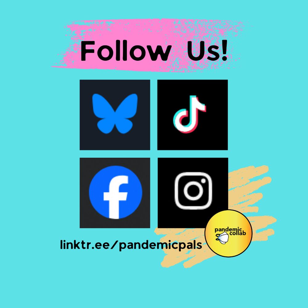 3- cyan background with logos for bluesky, tik tok, facebook, and instagram in the center in a grid layout and the pandemic collab logo in the bottom right corner.