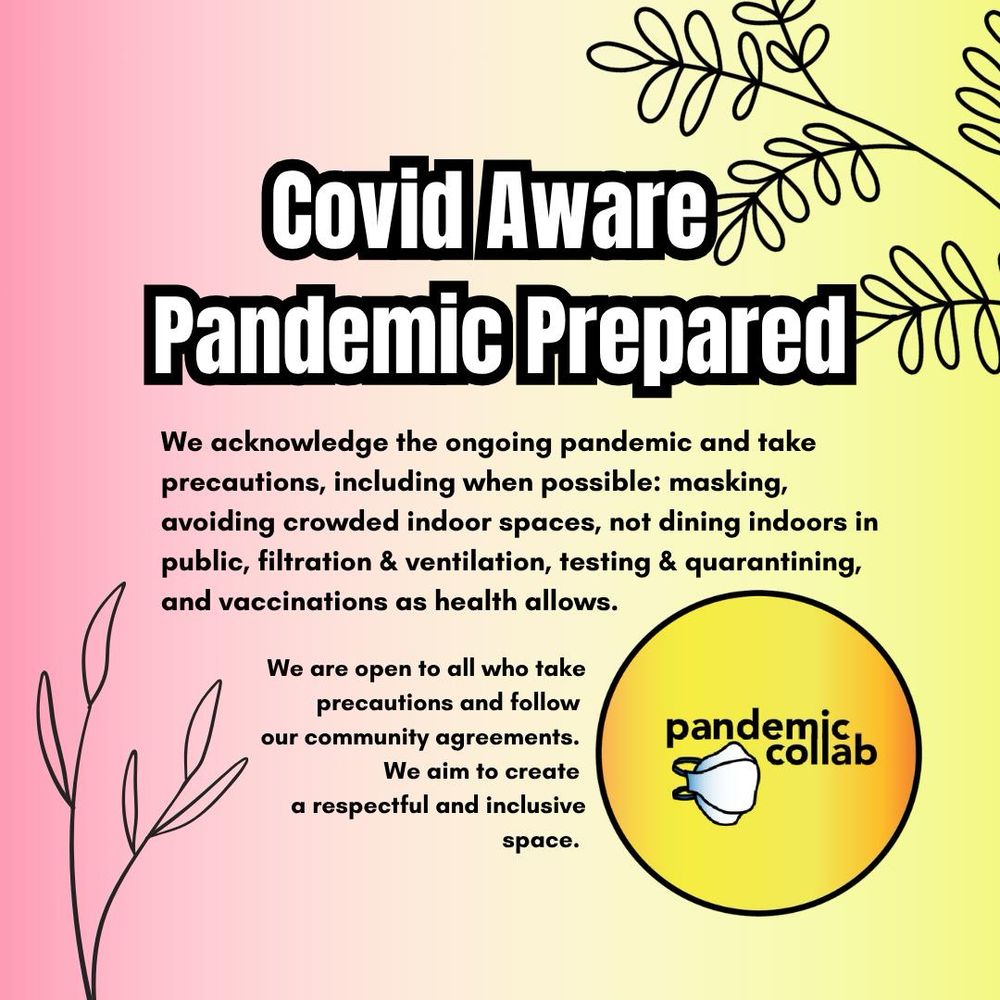 4- Pink and yellow background, pandemic collab logo in bottom right corner, bold white text with black outlines, “Covid Aware and Pandemic Prepared”.