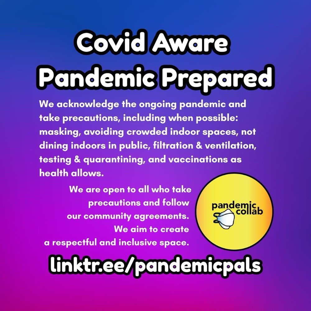 Alt text: four slides in pink, purple, and blue color schemes, with bold pink, blue, and white text. Graphics include pandemic pals hangout logo and pandemiccollab logo, as well as icons for facebook, instagram, TikTok, and bluesky. Featured room this week is the Puzzle room with Nora and Jules. Rotating rooms are Coviding in Your 20s, and Under the Trans/NBy Umbrellas.