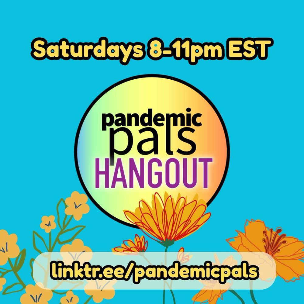 Blue background with orange flowers and the pandemic pals hangout logo in the center. 