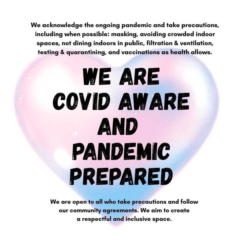 4- A large pink and blue watercolor heart on a white background with black bold text that says, “Covid Aware and Pandemic Prepared”.