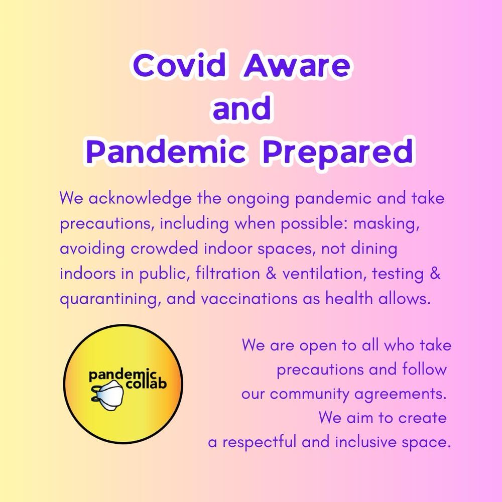 4- Yellow to pink gradient background with purple text and the pandemic collab logo for the Covid Cautious values slide.