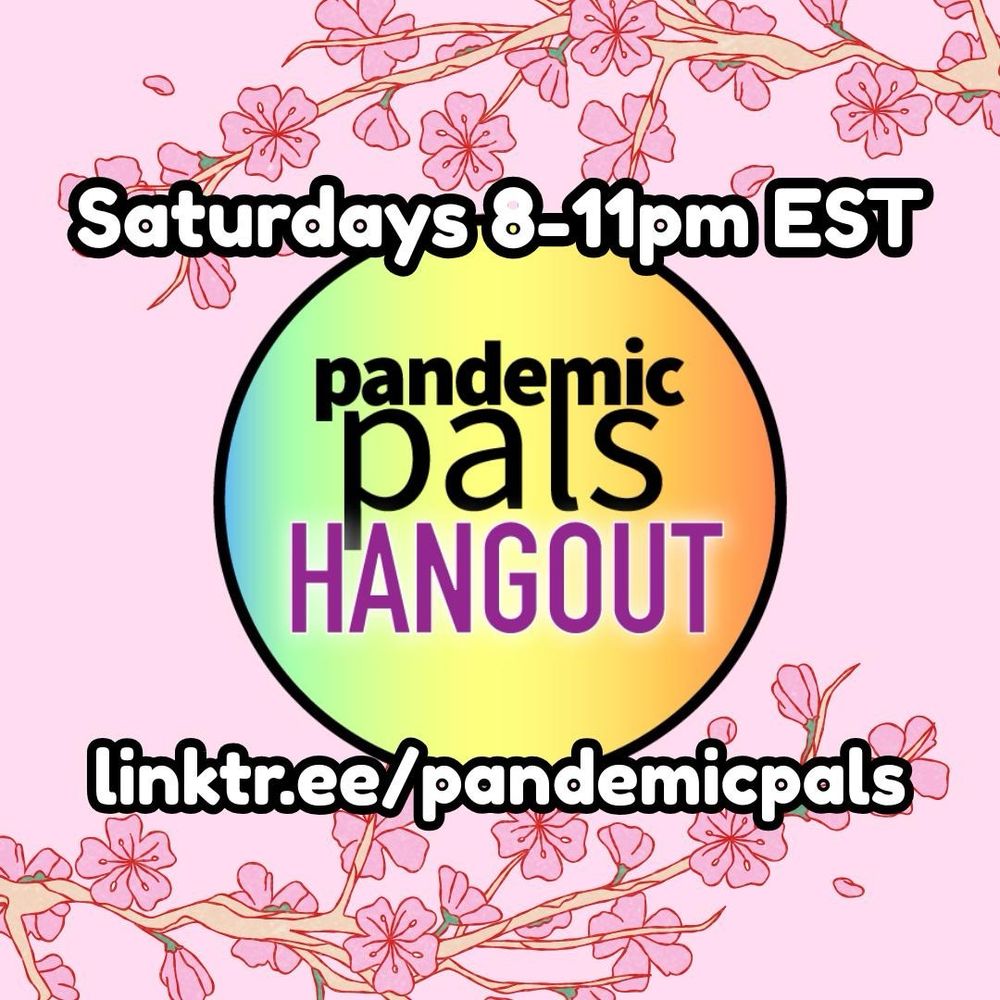 ALT TEXT
1 - Pink floral background and pandemic pals logo in the center with bold white and black outlined text.