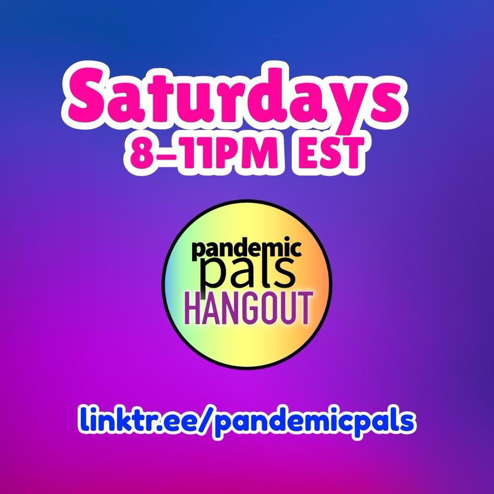 Alt text: four slides in pink, purple, and blue color schemes, with bold pink, blue, and white text. Graphics include pandemic pals hangout logo and pandemiccollab logo, as well as icons for facebook, instagram, TikTok, and bluesky. Featured room this week is the Puzzle room with Nora and Jules. Rotating rooms are Coviding in Your 20s, and Under the Trans/NBy Umbrellas.