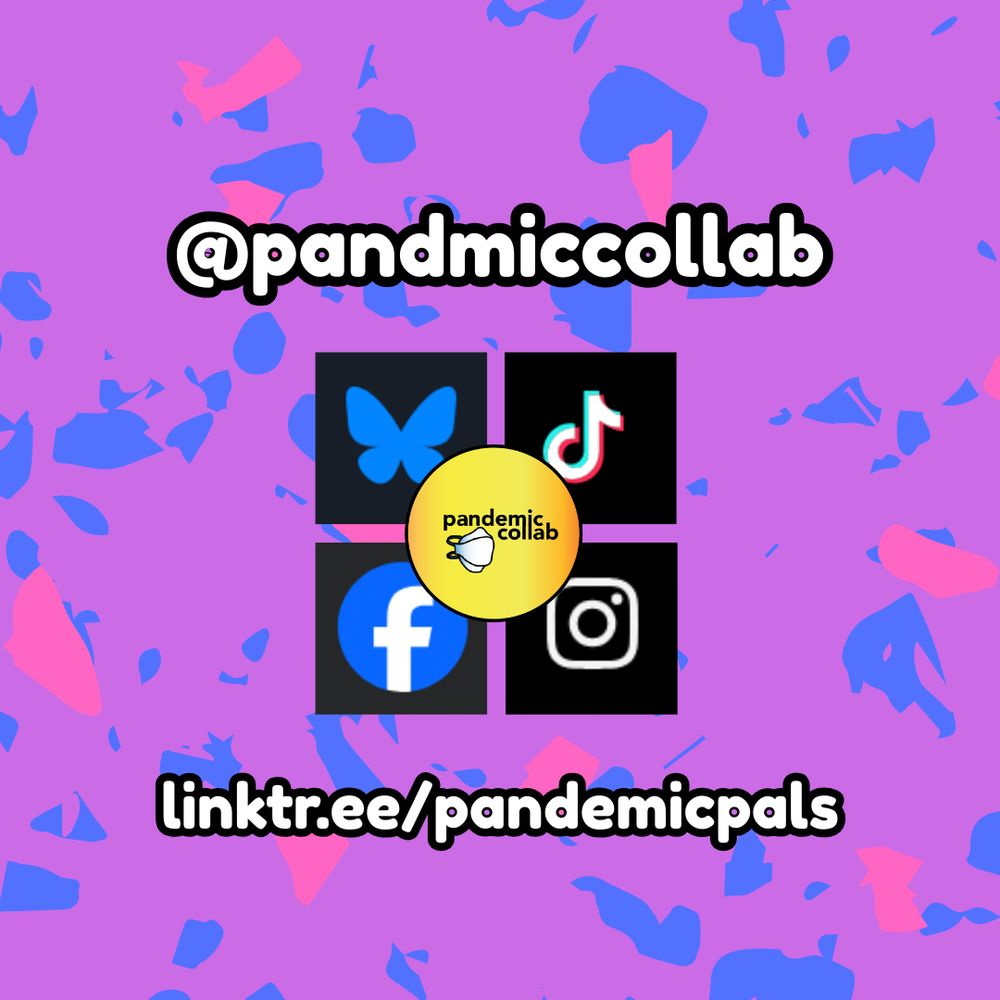 Alt text: four slides in pink, purple, and blue color schemes, with bold pink, blue, and white text. Graphics include pandemic pals hangout logo and pandemiccollab logo, as well as icons for facebook, instagram, TikTok, and bluesky. Featured room this week is the Puzzle room with Nora and Jules. Rotating rooms are Coviding in Your 20s, and Under the Trans/NBy Umbrellas.