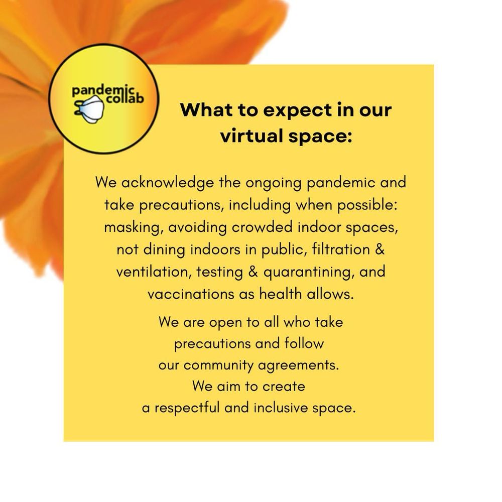 Image descriptions: 1st graphic is a sunflower graphic with white background and the pandemic pals hangout logo in the center. 2nd graphic is an orange gradient background with the pandemic pals hangout logo in the top left corner. 3rd graphic is an orange gradient background with icons for social media (facebook, instagram, TikTok, and Bluesky, and the pandemiccollab icon in the center. 4th graphic is a white background with an orange flower in the top left corner, and an orange text box in the center with our community message.