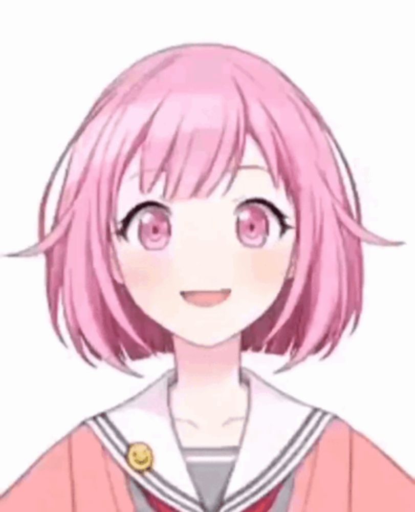 a close up of a pink haired anime girl wearing a school uniform and smiling .