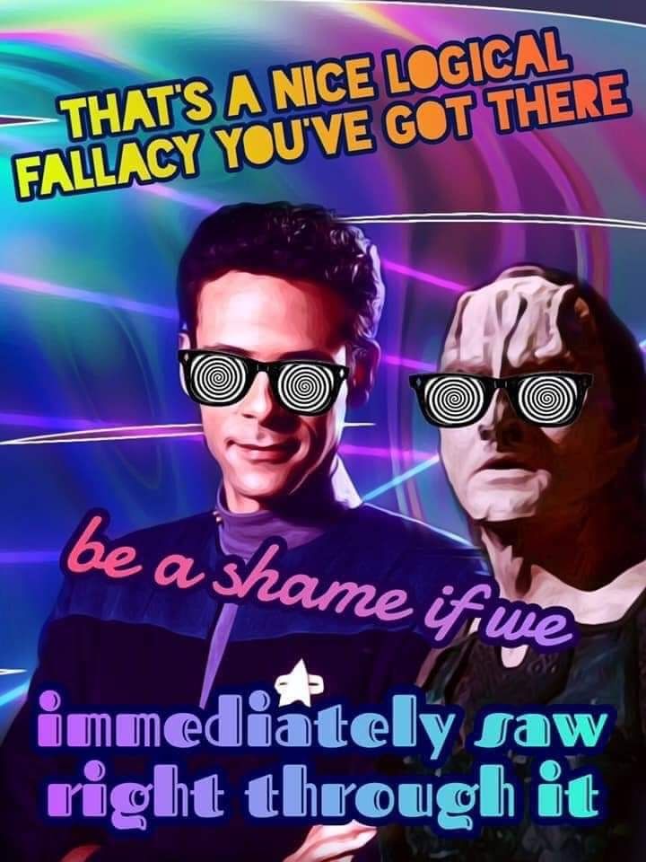Garack and Bashere in hypno shades. Overlayed are the words That's a nice logical fallacy you've got there be a shame if we immediately saw right through it