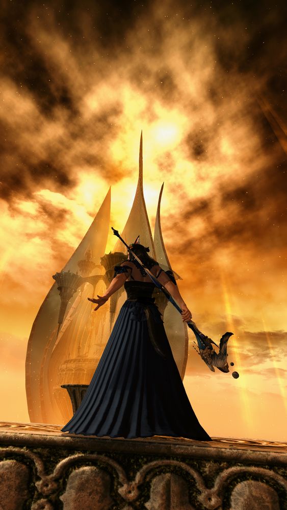 Another view of the previous picture, with more emphasis on the Miqo'te. He now takes up the center of the picture, obscuring most of Zenith. The sky glows above his head. 