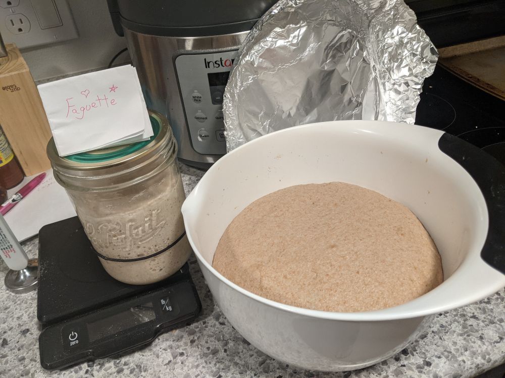 the same dough, doubled in size, next to the starter in a jar