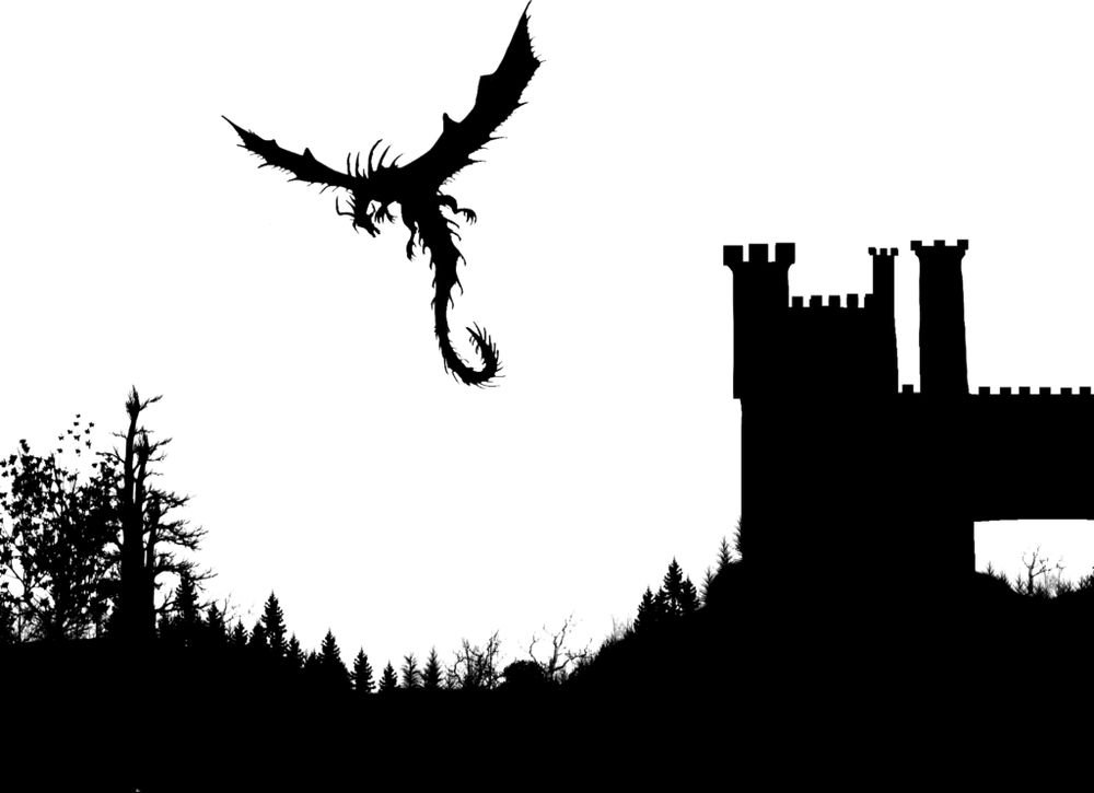 silhouette of dragon flying near castle