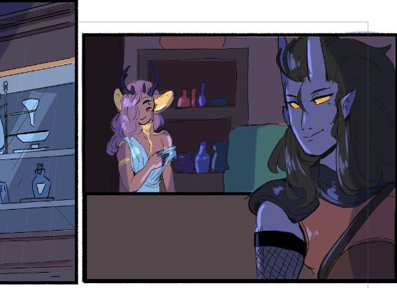 a panel of my comic The Alchemists Collective. Daio is pulling up the strap to his shirt giving Dimitrius a flirty glance