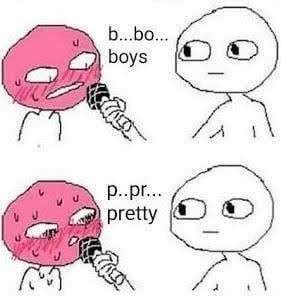 Guy holding up microphone to blushing sweating guy who says "b...bo...boys. p..pretty"