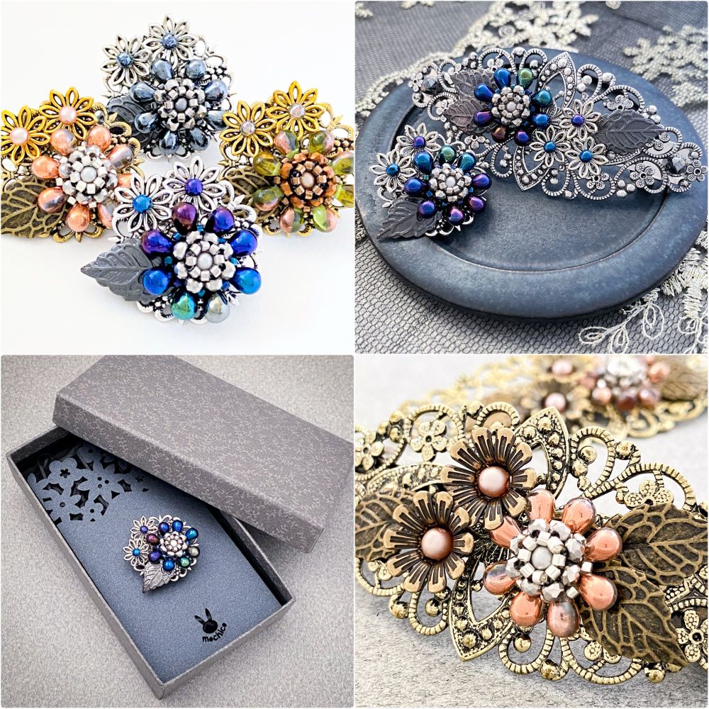 ビーズフラワーのバレッタ･ブローチ
ブラック，ピンク，オリーブ，ブルー