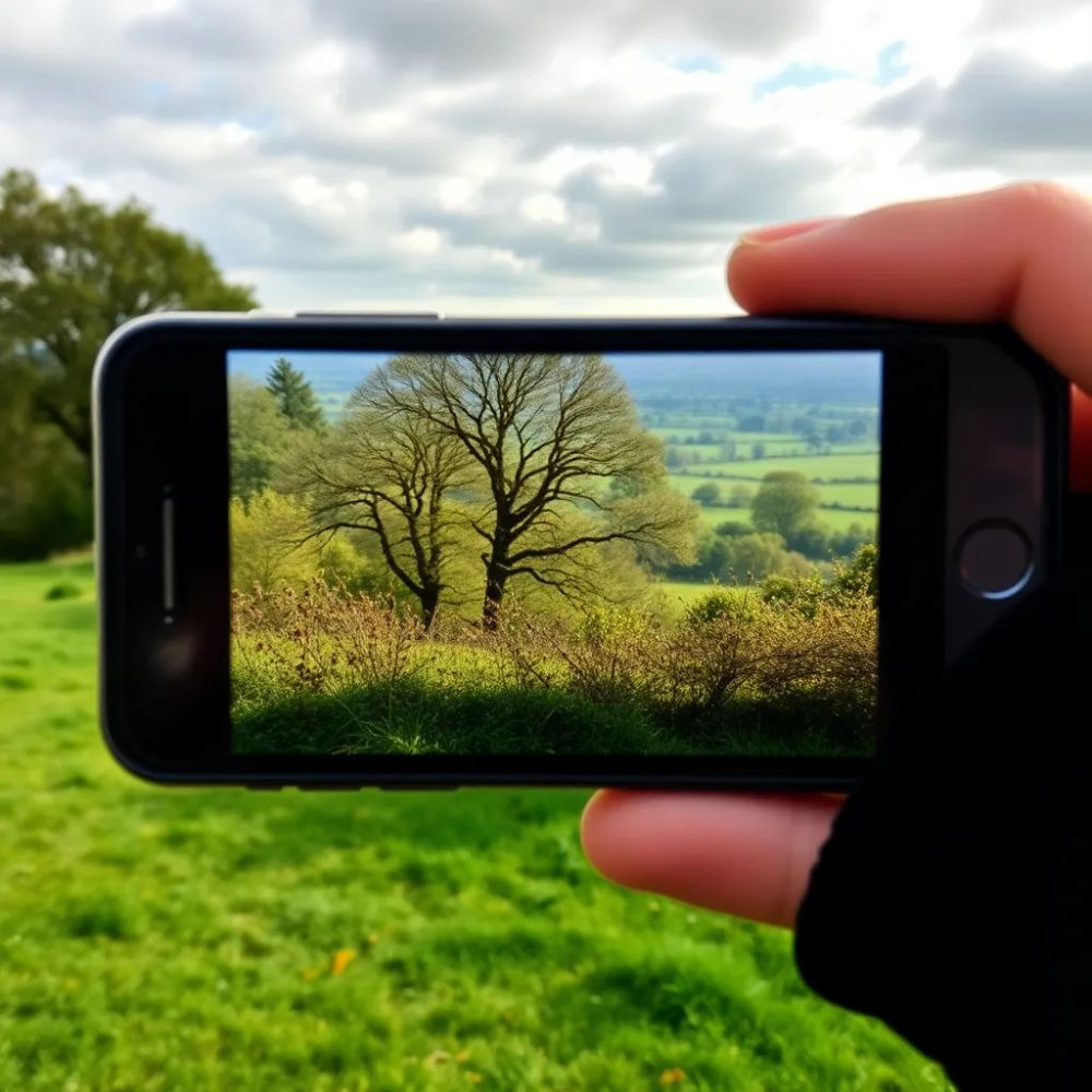 An AI generated image depicting a view of the english countryside poorly cpatured on an iPhone