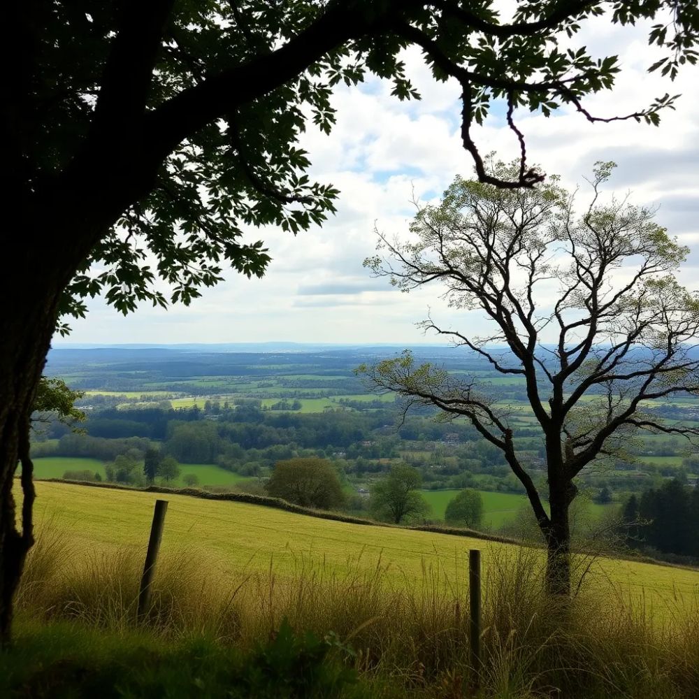 An AI generated image depicting a view of the english countryside poorly cpatured on an iPhone