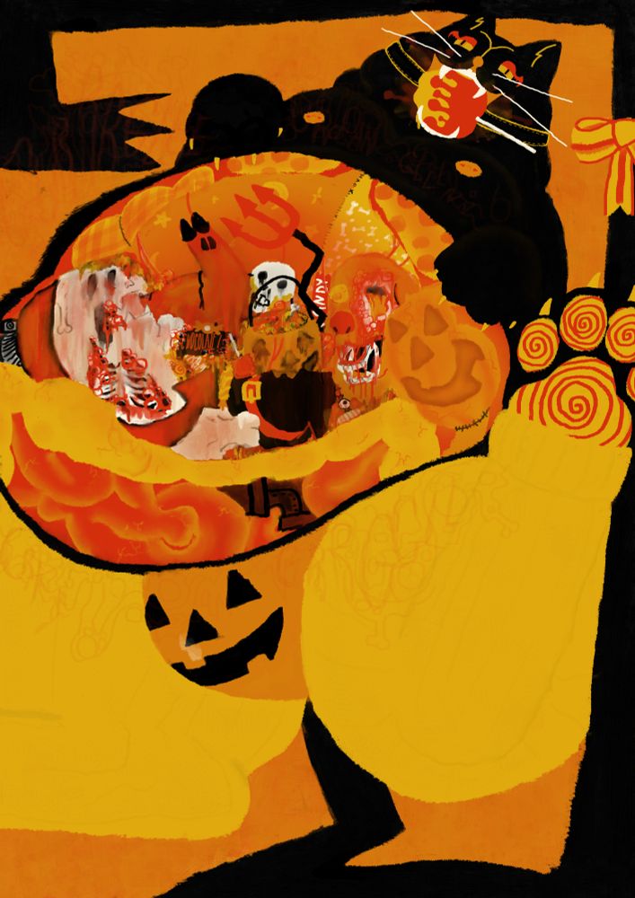 same as other picture but with an internal shot of weird patchwork frankenstein guts showing a stomach full of half digested people and candy. costumes pieces and wrapper that are struggling to melt down around them.

TAGS: fatfur, vore, graphic digestion, internal, halloween, cat, gore, fatal, messy