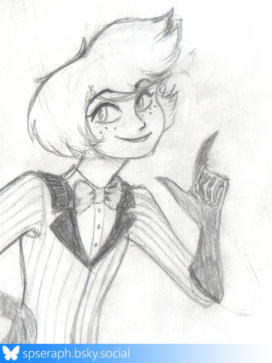 A pencil sketch of a smiling young man, with messy fair hair and wearing a 1940's pinstripe suit with bowtie, with one hand on hip and the other with a raised index finger. Based on an old Vivziepop sketch of Angel Dust.