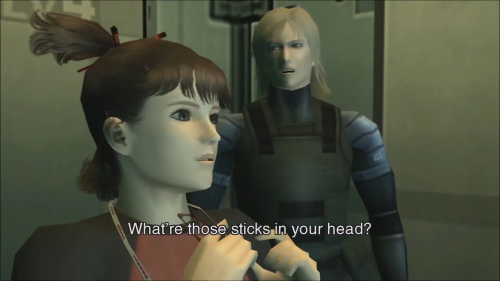 metal gear solid 2 screenshot: Raiden asking Emma Emmerich "What're those sticks in your head?"