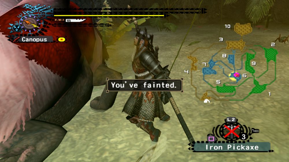 Monster Hunter Dos screenshot: the player fainting as big red baboon butt cheeks emit fart gas