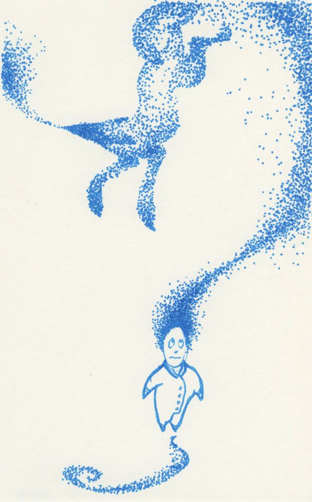 A thread of particulate darkness spirals up from the ground, through a child and into the rising spirit of a dog. It goes on, leading the dog spirit away from the worn-out body that held it down.