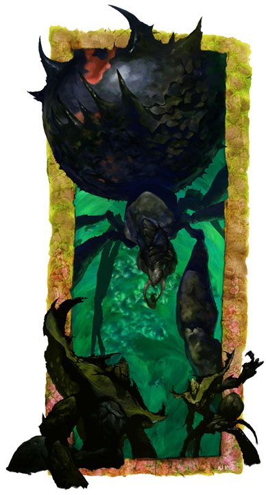 A Queen of Lolth looms over a pair of her bodyguards. I painted this for an article in Dragon magazine (or Dungeon, I forget which) from many many years ago.