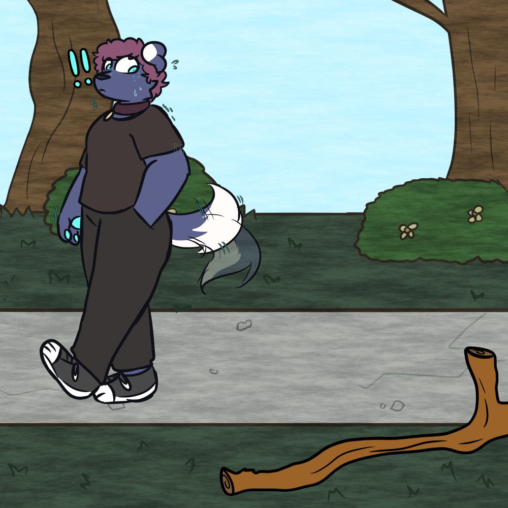 ...until they stop in their tracks, just as they were about to pass it completely. their pupils are dilated and they have their head turned to stare down at the stick, beads of sweat appearing on their face. Two exclamation points, wiggle lines, and their tail wagging indicate it's going to be very hard to get this dog back onto the walking track.