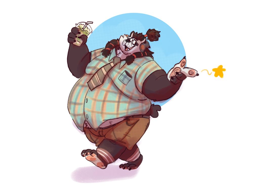 Chubby Panda having a walk with a drink on his hand 
