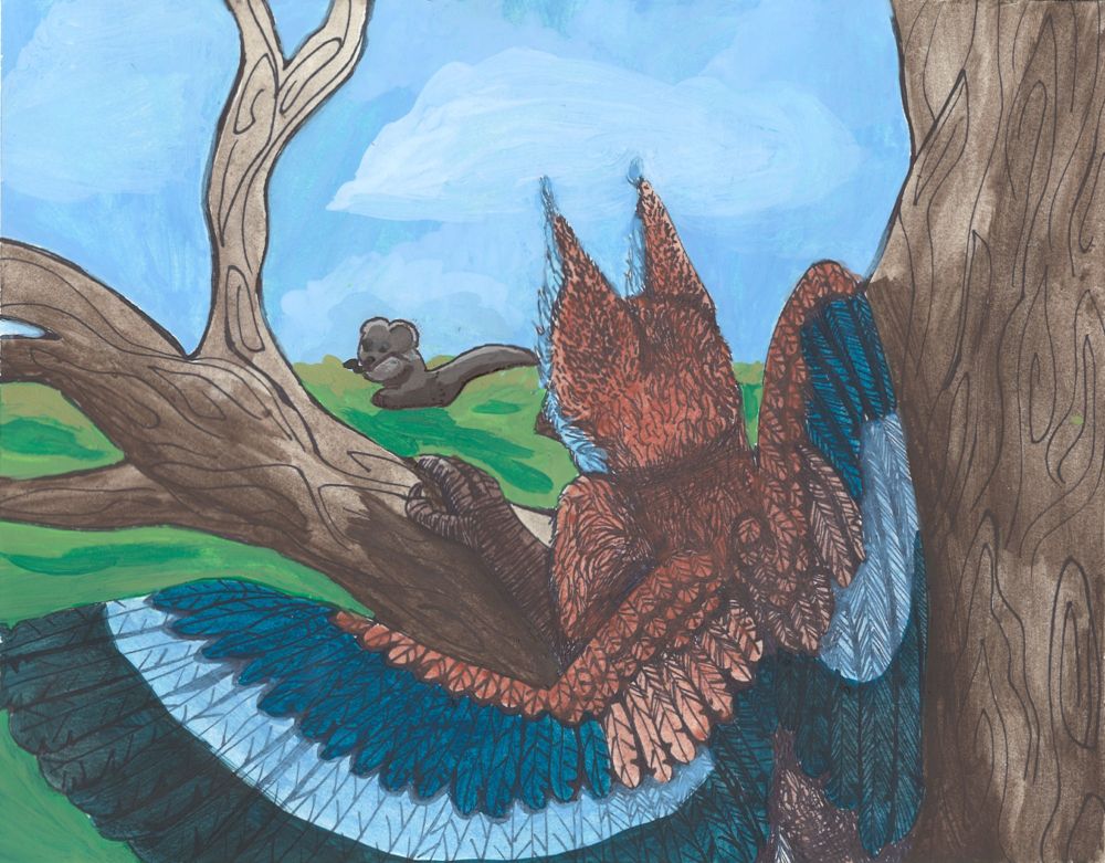 A blue and brown griffin climbing a tree, watching a mouse off in the distance. This was made for my AP art class in 2020. Made with gouache and sharpies on white paper.