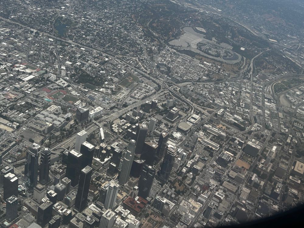 Downtown Los Angeles where the media coverage has been centered. No fires or large groups of violent protesters terrorizing the area. 