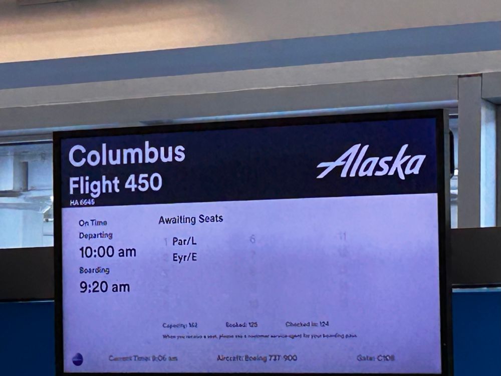 Airport screen showing the info for an Alaska Air flight to Columbus, Ohio. 