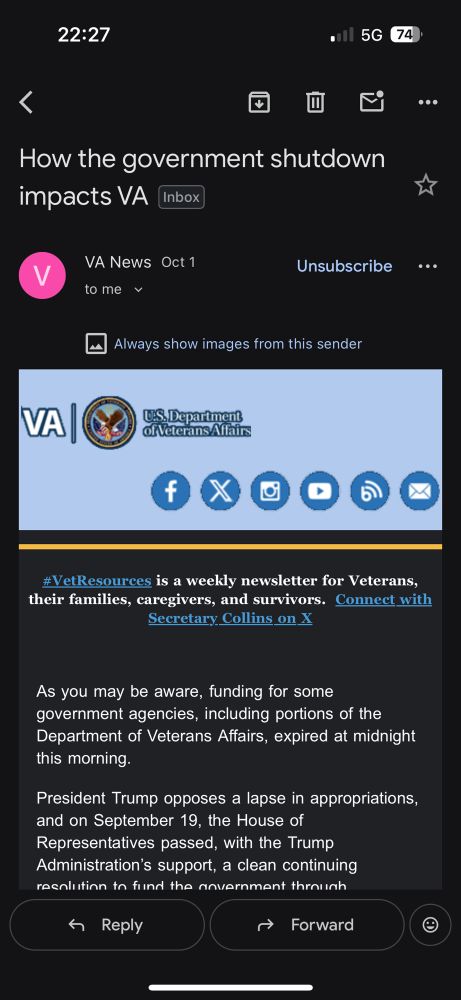 "As you may be aware, funding for some government agencies, including portions of the Department of Veterans Affairs, expired at midnight this morning.

"President Trump opposes a lapse in appropriations..."