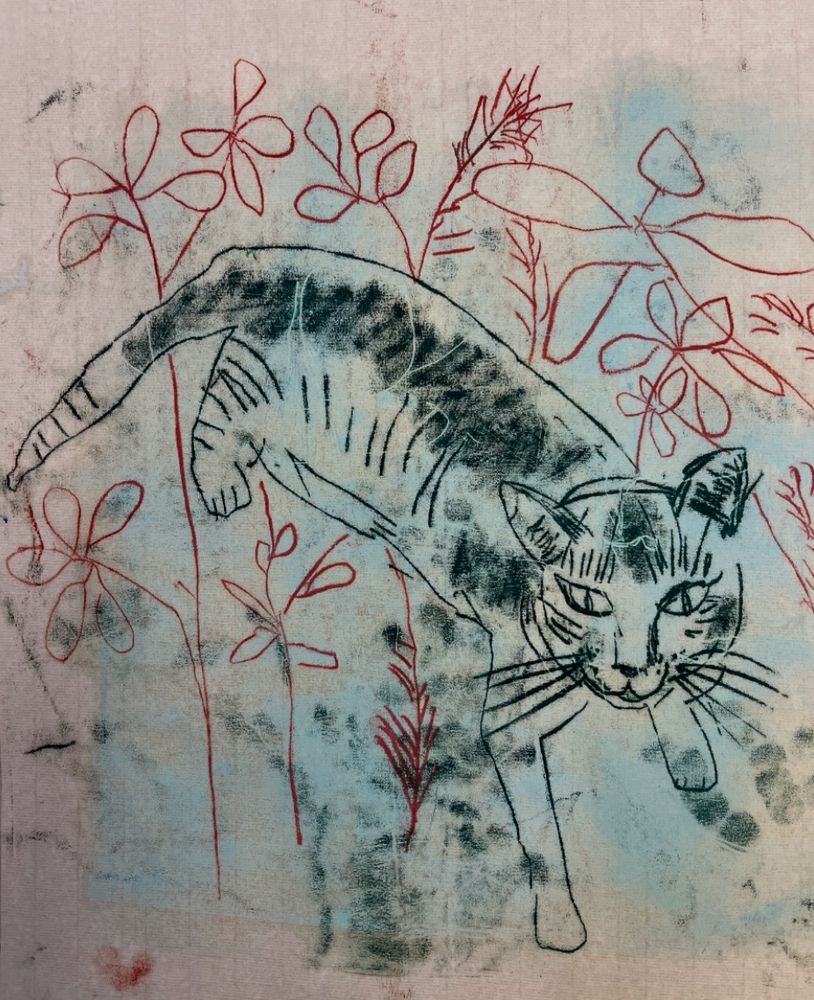 Gato desenhado em monotipia