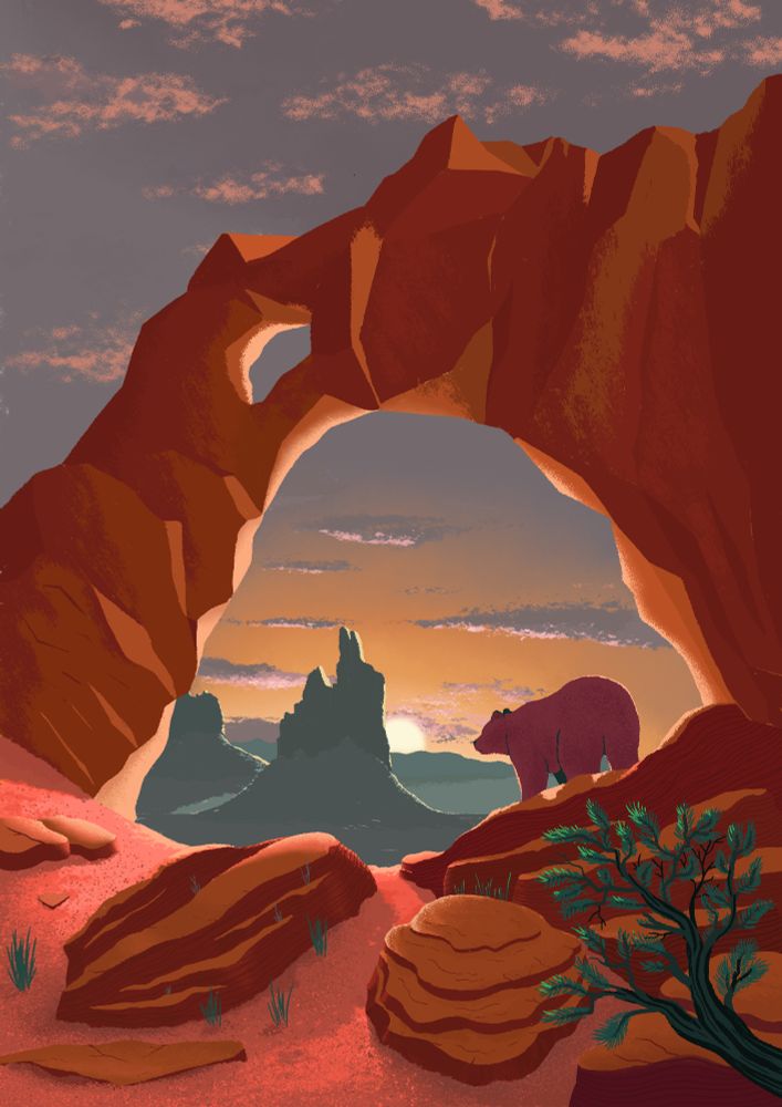 A north American valley with rugged hills and a bear looking into the vast open space.