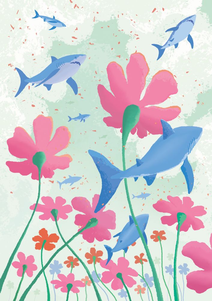 An abstract illustration featuring a group of sharks gliding among colorful flowers.