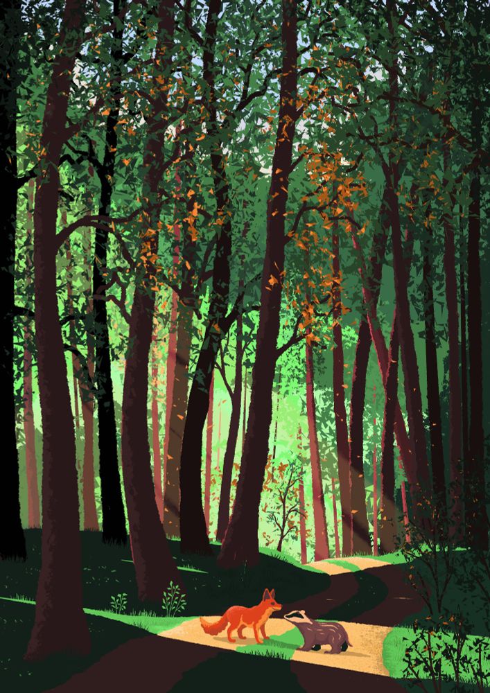 An illustration depicting a friendly encounter between a fox and a badger