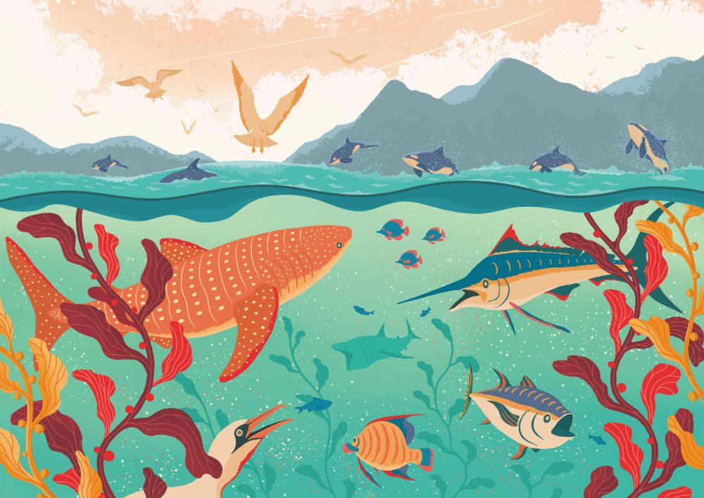 Underwater illustration featuring large marine animals