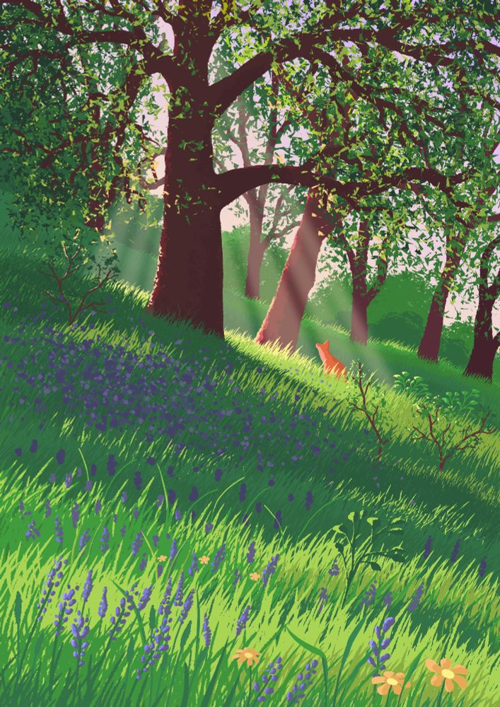 An illustration of a fox sitting on a flowery meadow.
