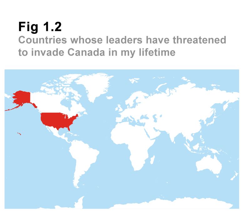 Fig 1.2
Countires whose leaders have threatened to invade Canada in my lifetime

(just the USA is highlighted)