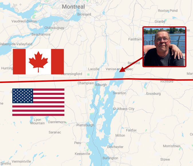 map showing the Quebec-Vermont border and Venise-en-Quebec on the  northern tip of Lake Champlain, where the Quebec man was fishing and detained by USCG