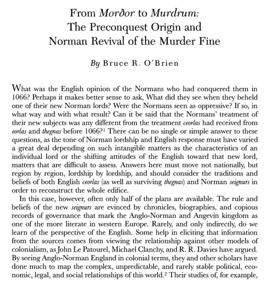 The first page of Bruce O’Brien’s article, showing the first paragraph and title: “From Morðor to Murdrum: The Preconquest Origin and Norman Revival of the Murder Fine”. 