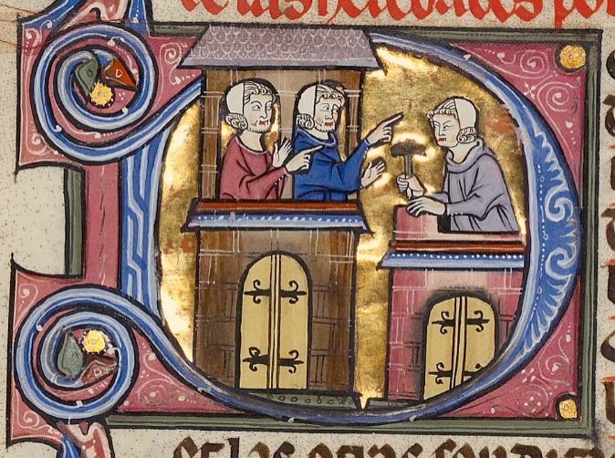 The image shows two people atop one house point behind a third person atop another house who is holding a hammer. The background to the image is gold leaf, and the houses are small, appearing as if the people are too small for them to do anything but stand upright in them.
Reference: Vidal Mayor, Ms. Ludwig XIV 6 (83.MQ.165), fol. 153v (1297-1305).