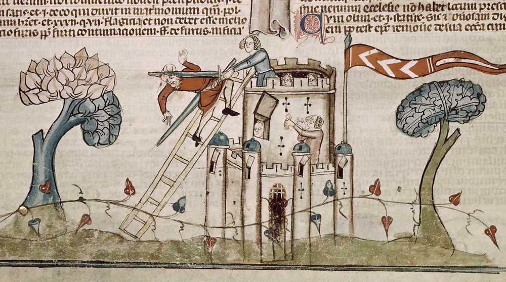 A woman in blue at the top of a castle is striking a man in red on the head with her sword. He seems to fall from the ladder he was climbing as is it enters his skull. The woman has a look on her face that says "Don't mess with me."
Reference: The Smithfield Decretals, BL Royal 10 E. IV (14th C)
