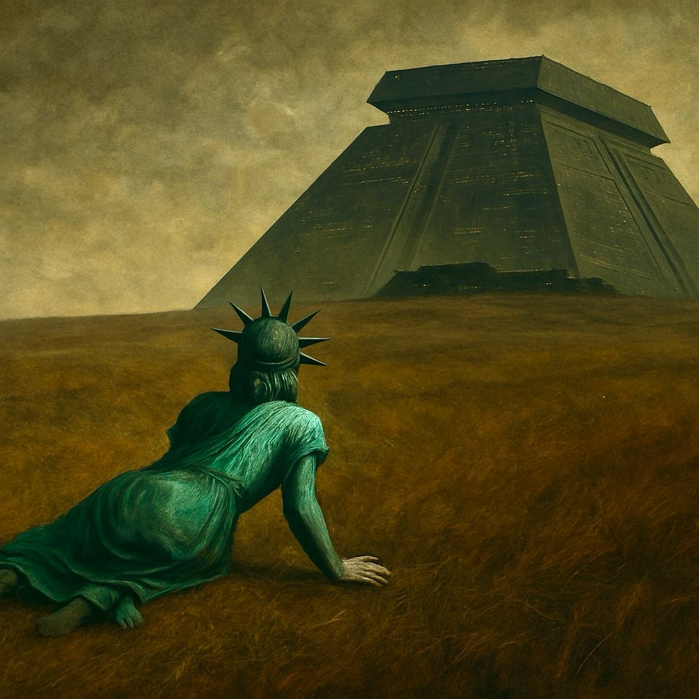 Please paint a new version of Wyeth’s CHRISTINA’s WORLD except the housr on the hill is the Tyrell Corporation building from BLADE RUNNER and Christina is Lady liberty. 16 x 9. 