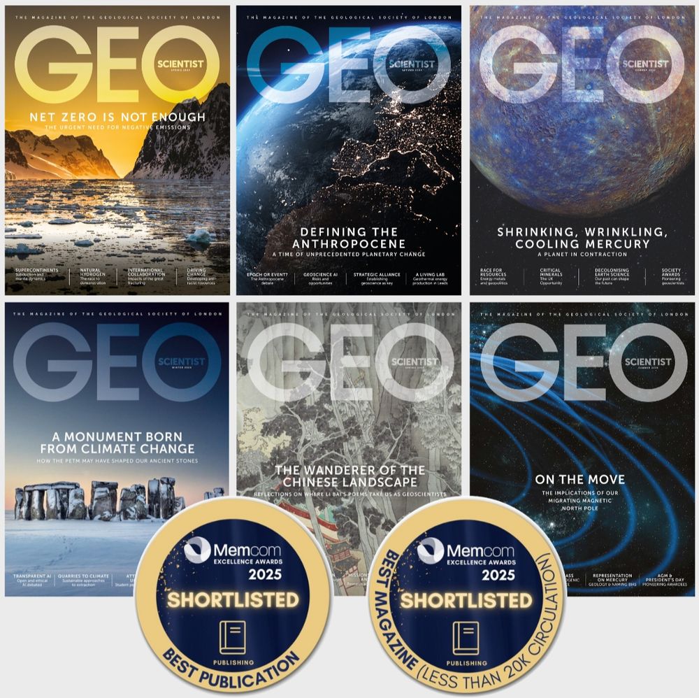 There are six front covers of Geoscientist magazine showing scenes from Earth and space, with two badges highlighting it has been shortlisted for awards.