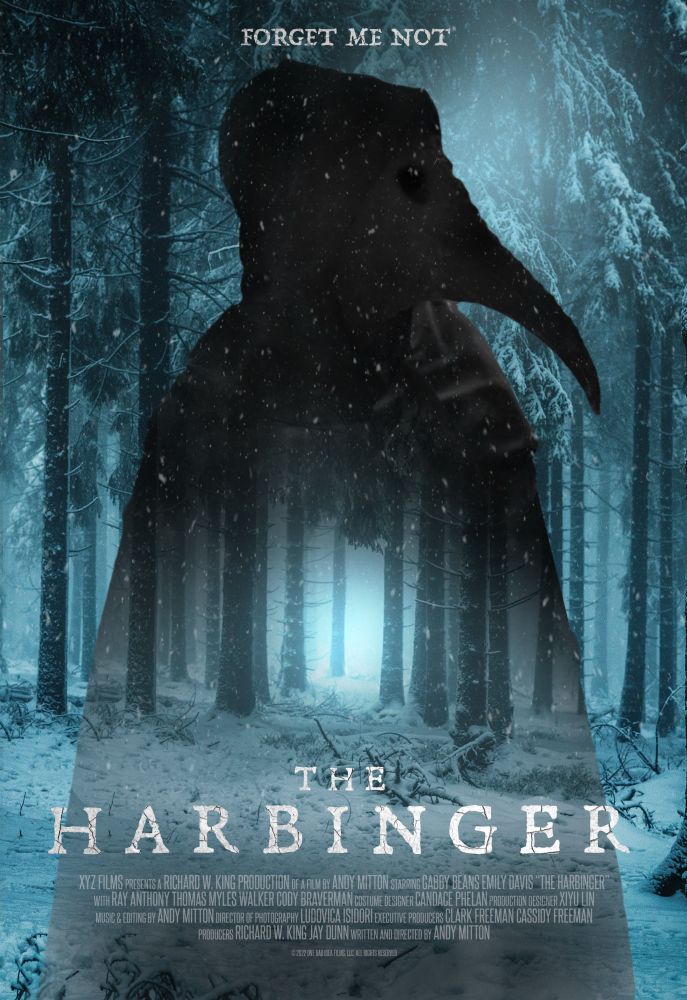 Promotional image for 2022 film "The Harbinger" featuring the outline of a plague doctor over a snowy forest.