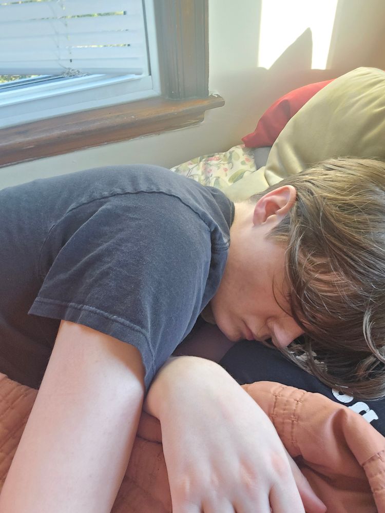 A photograph of Olivia asleep on my shoulder